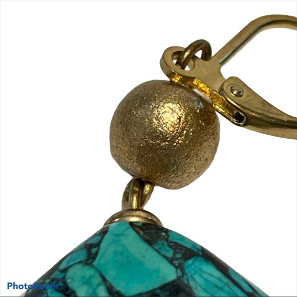 Faux Turquoise Drop Earrings Square Lever Back. - Picture 3 of 13